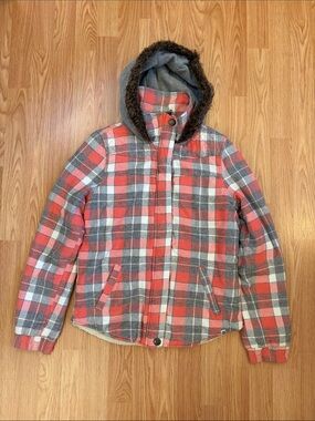 Roxy Pink Gray White Plaid Ski Jacket with Faux Fur Hood